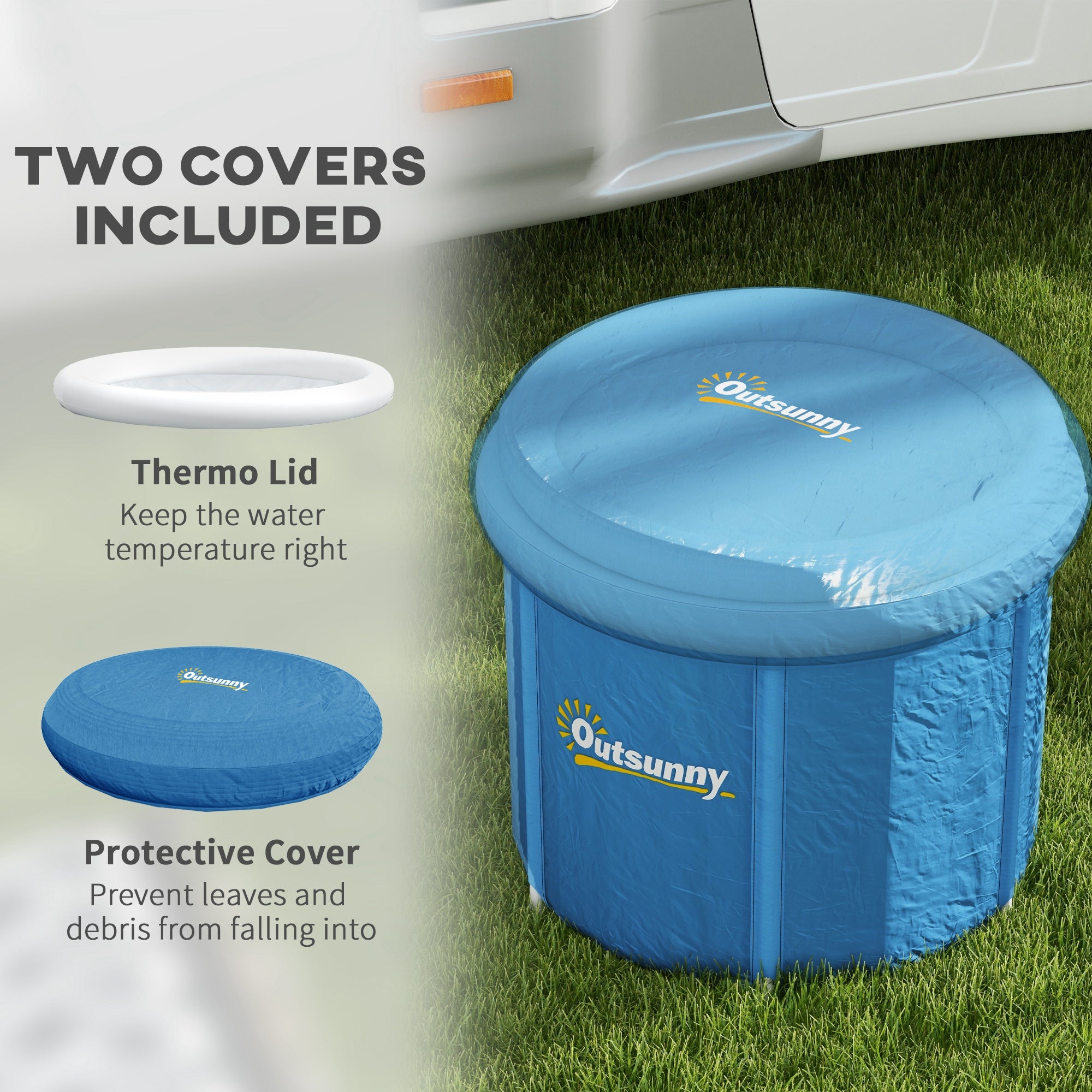 Blue inflatable pool with covers and text explaining features, on grass with a car in the background.