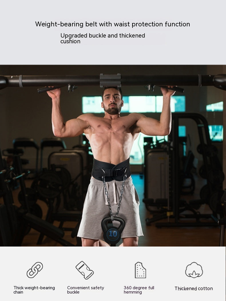 Man exercising with a weight-bearing belt in a gym setting