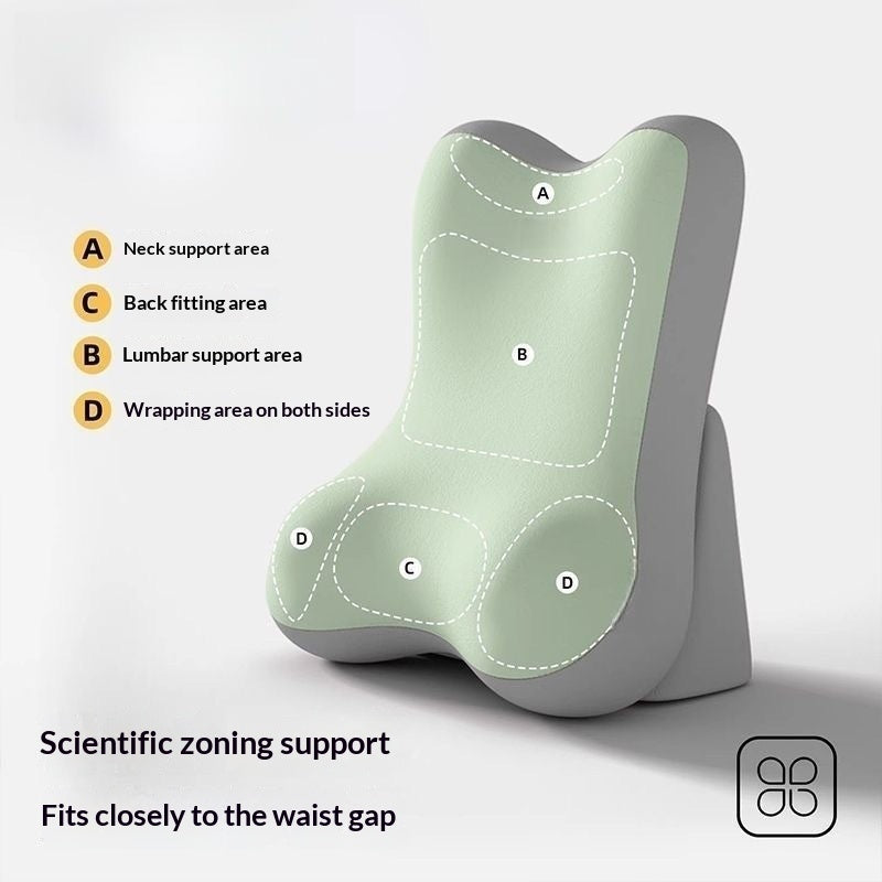 A contoured lumbar support pillow shown on a light gray background with labeled zones A, B, C, and D indicating neck, back, lumbar, and wrapping support areas. Text on the image explains scientific zoning support and waist gap fitting.