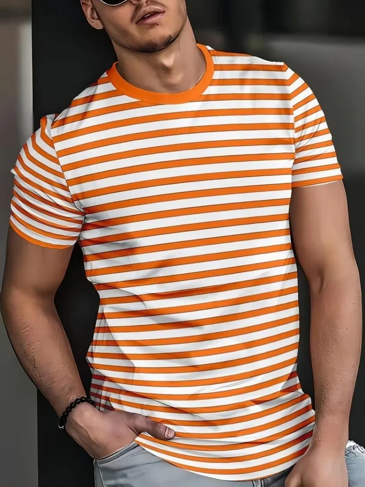 Classic Plaid & Stripe Printed Casual T-Shirt – Slim Fit Sports Tee
