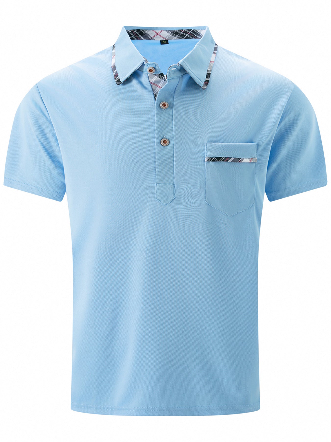 Light blue polo shirt with plaid collar and pocket on a white background
