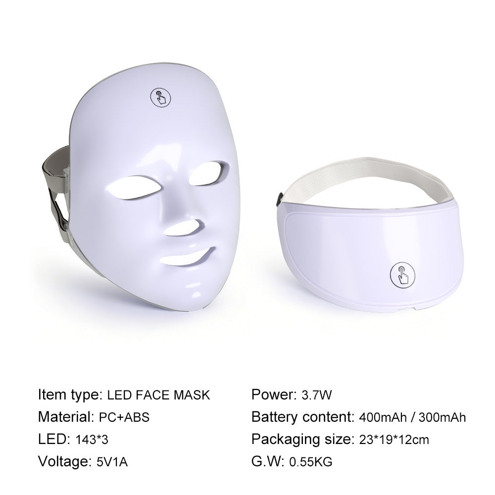 A white LED face mask shown from two angles on a white background, with product specifications printed below. The left view shows the front of the face mask, and the right view shows the side profile with its headband.