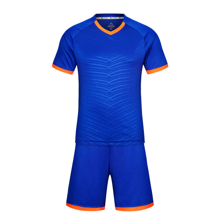 Blue sports jersey and shorts set with orange accents on a white background
