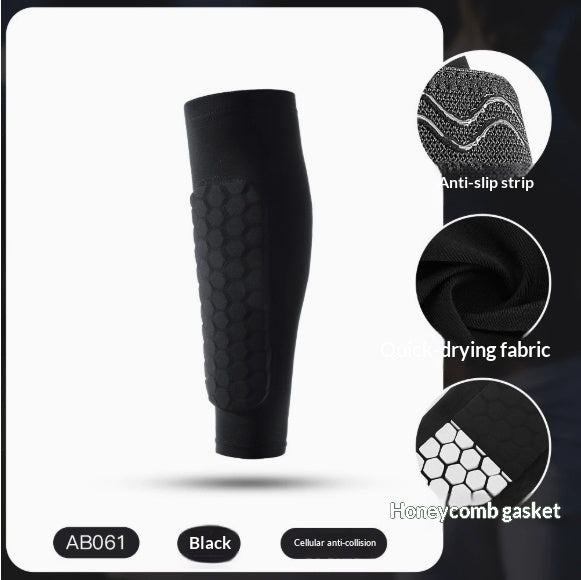 Black athletic shin sleeve with a honeycomb textured compression panel, shown on a white background with feature callouts and circular inset details.