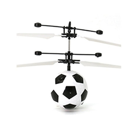 Black and white soccer ball-shaped toy with helicopter blades on a white background