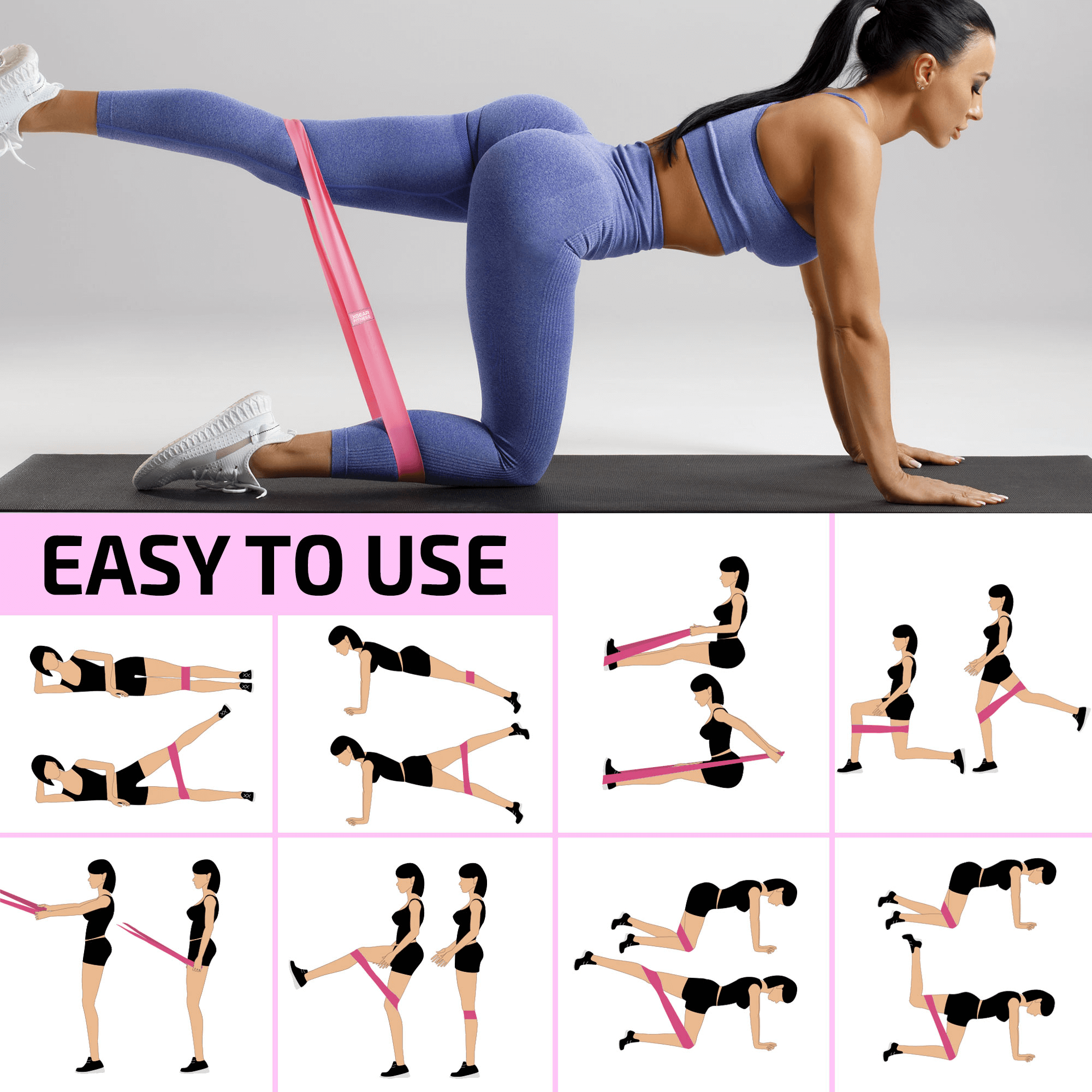 Woman exercising with a resistance band on a mat, with exercise illustrations below.