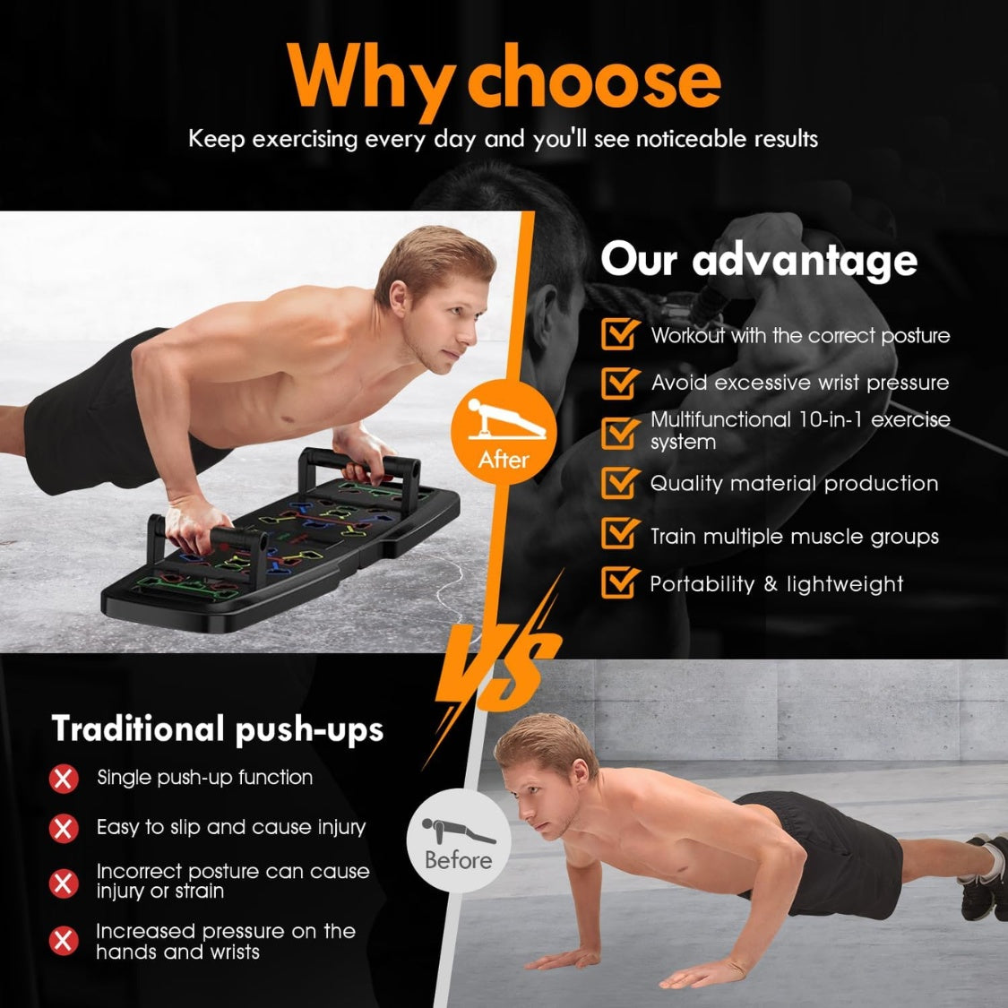 Advertisement comparing traditional push-ups to a multifunctional exercise device with text about advantages.