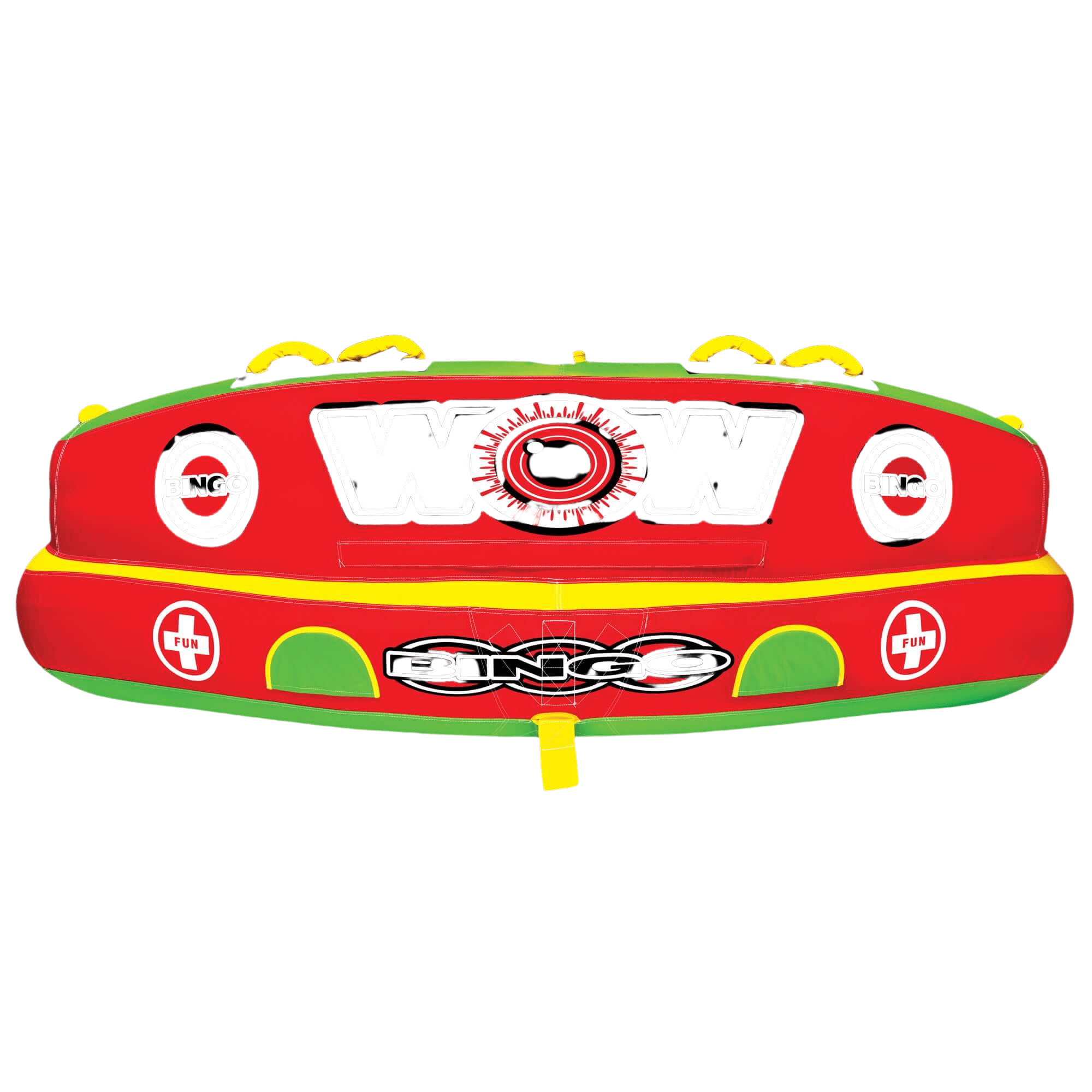 Red, green, and yellow inflatable tube with cartoon faces on a white background