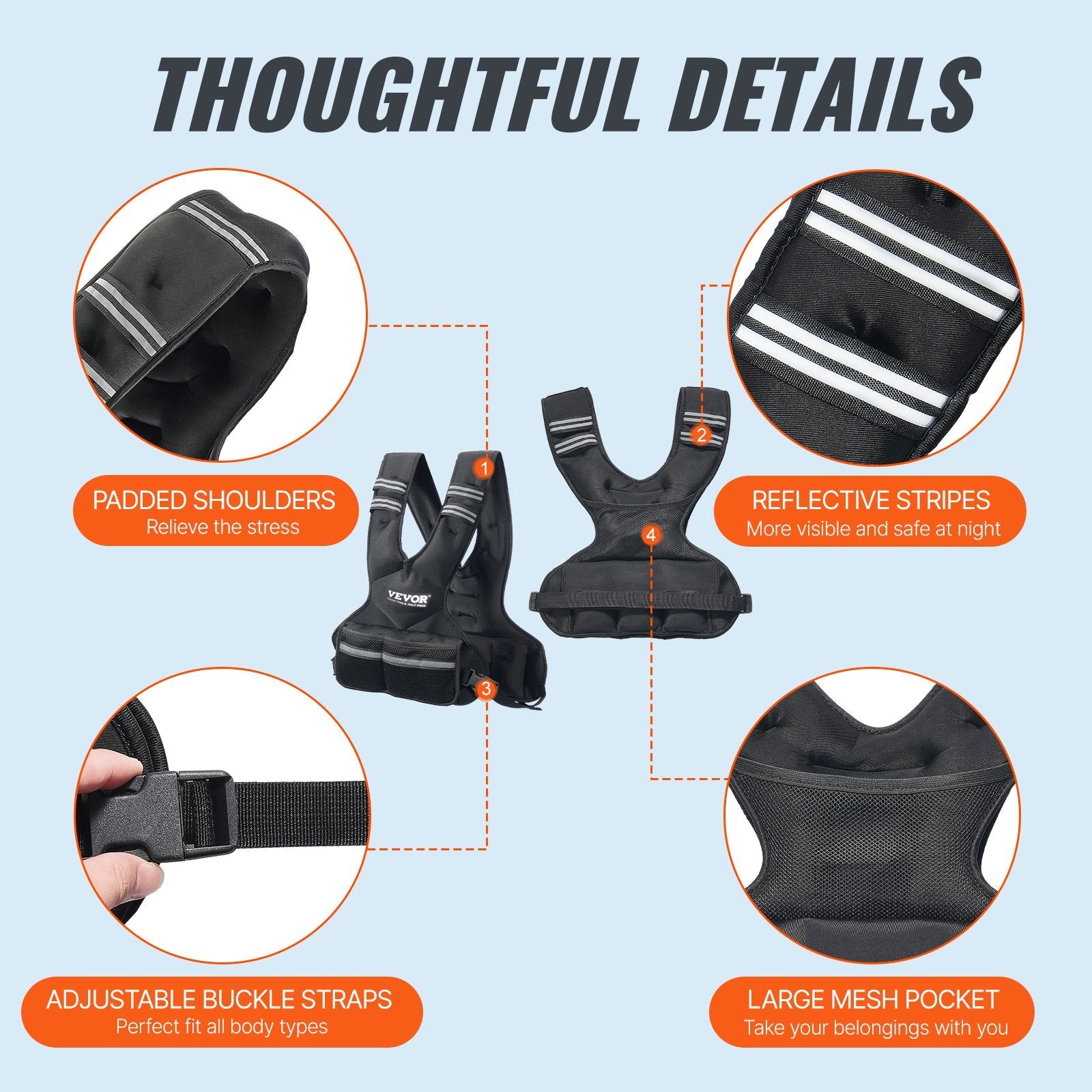 Black weight vest with features highlighted on a light blue background