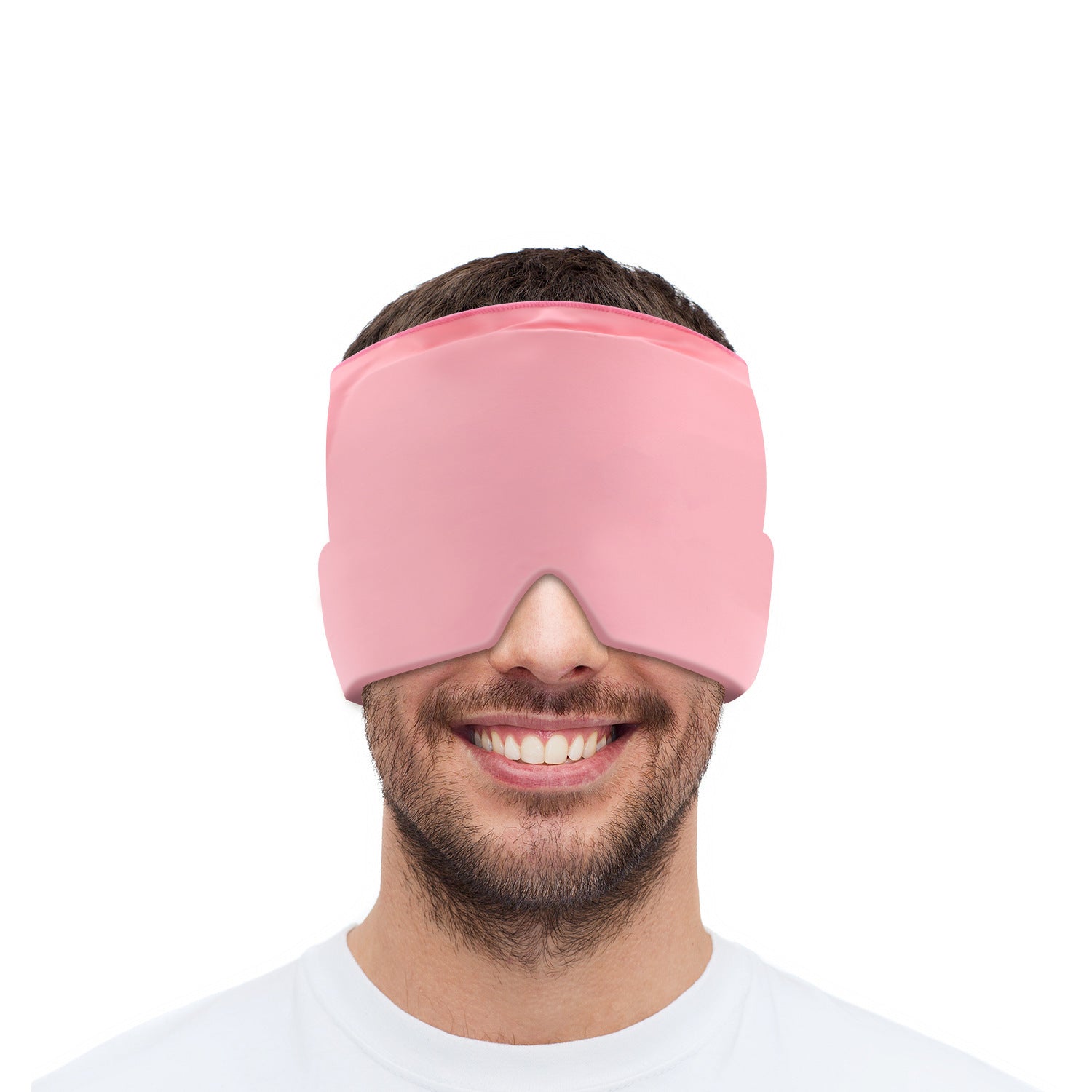 Man wearing a pink sleep mask on a white background