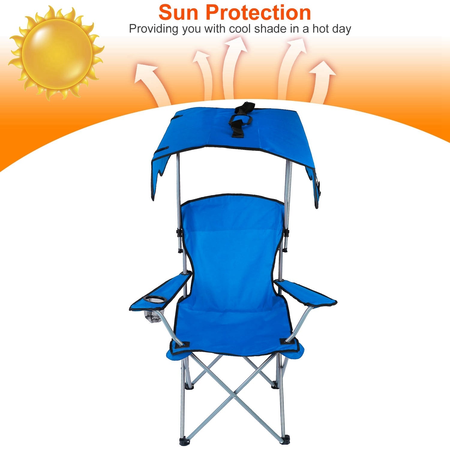 Blue camping chair with canopy against a sun illustration, emphasizing sun protection.