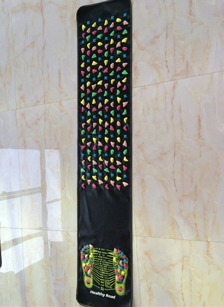 Colorful textured mat with patterns on a light tiled floor