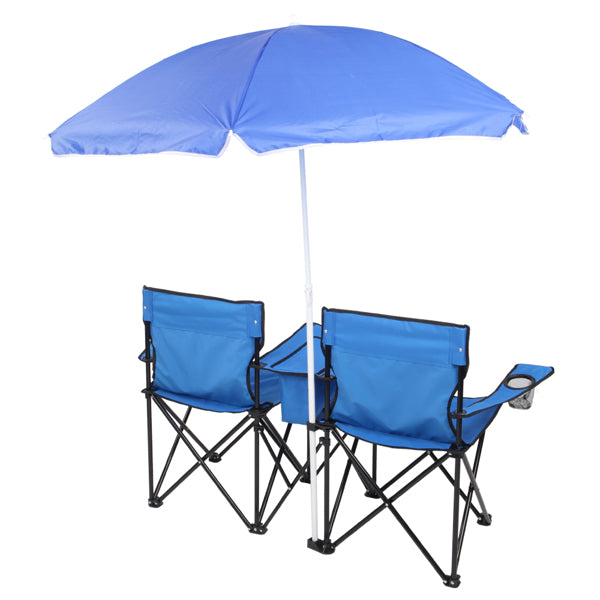 Blue camping chairs with a matching umbrella on a white background