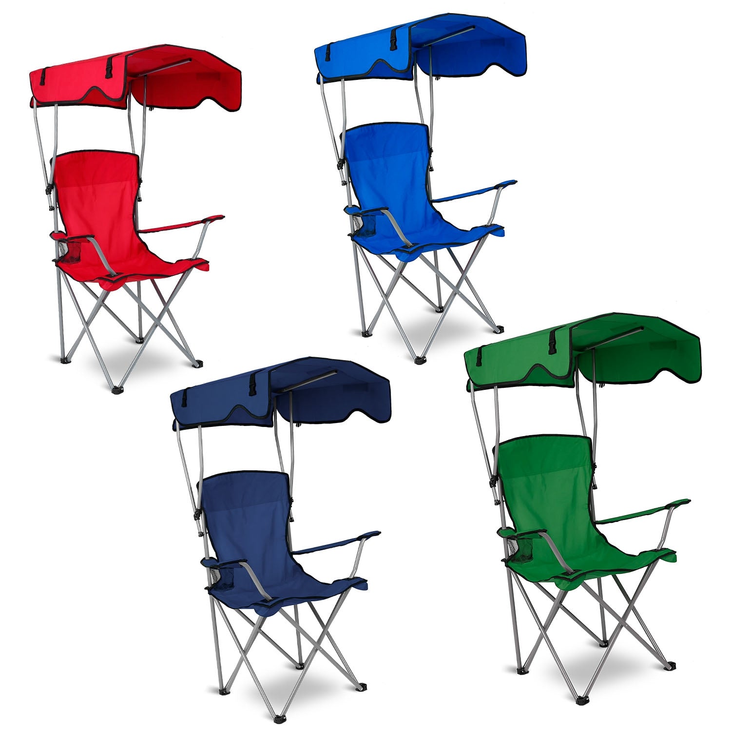 Set of four colorful folding chairs with canopies in red, blue, green, and navy on a white background.