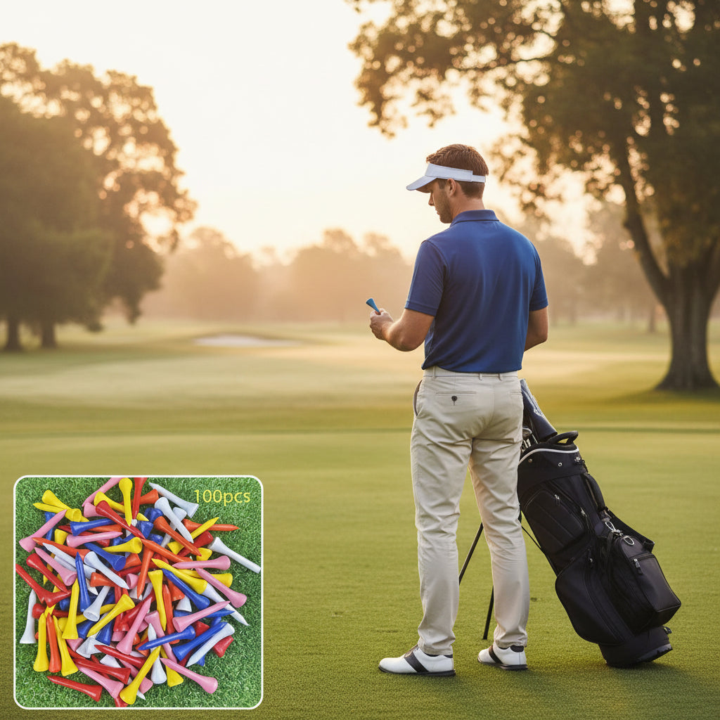 Assorted colored golf tees on a grassy background with '100pcs' text.