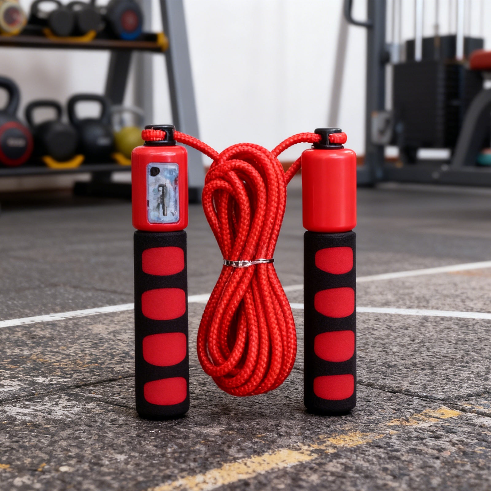 Red and black jump rope on a concrete floor with gym equipment in the background