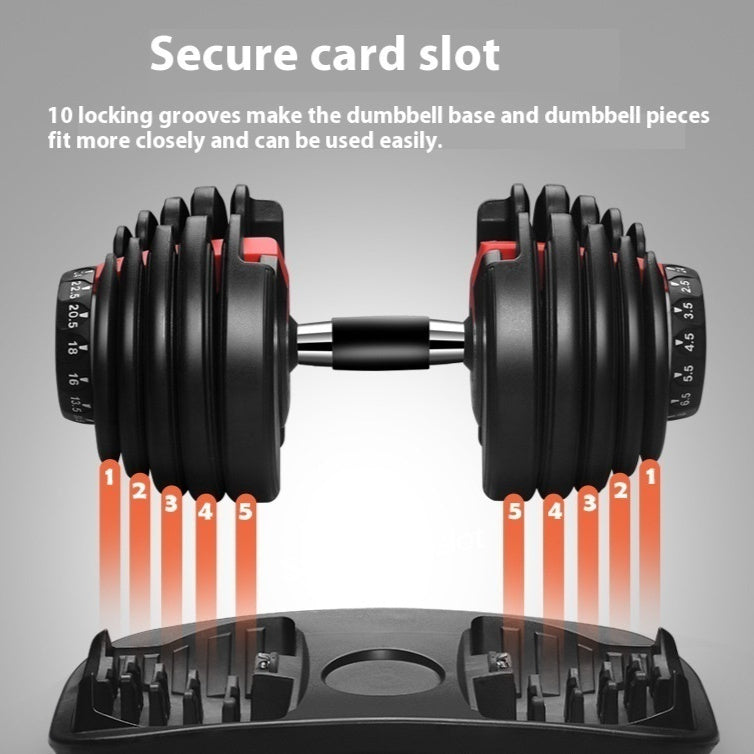 Adjustable dumbbell set with weight markings on a gray background