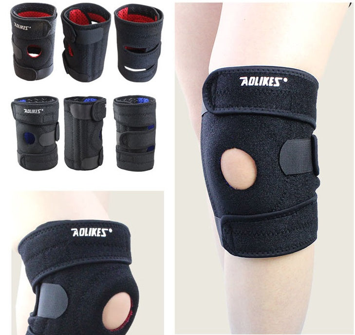 Black knee brace with 'Aolikes' branding on a person's knee, surrounded by additional braces.