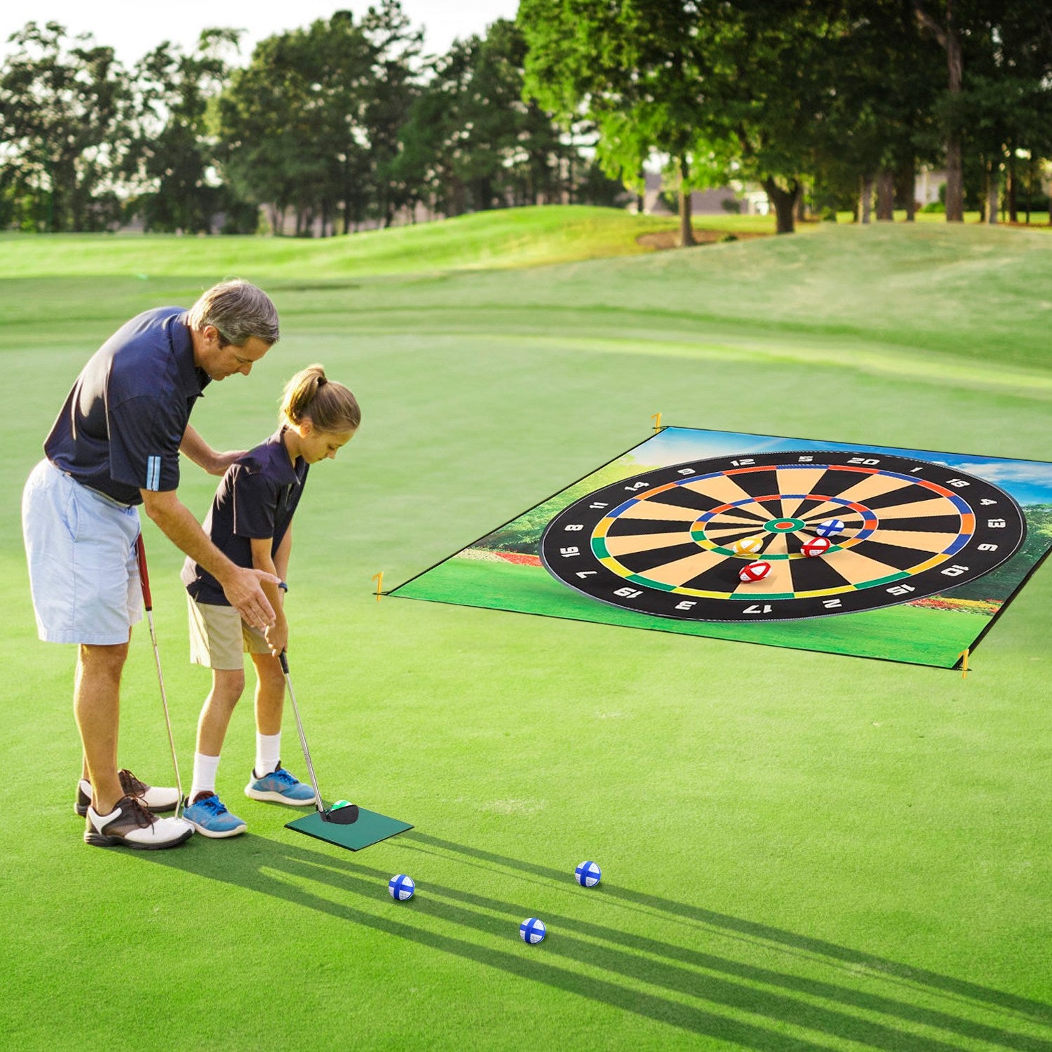 Two people playing a golf-like game with a dartboard on a green field