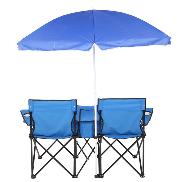 Two blue folding chairs with a matching umbrella on a white background