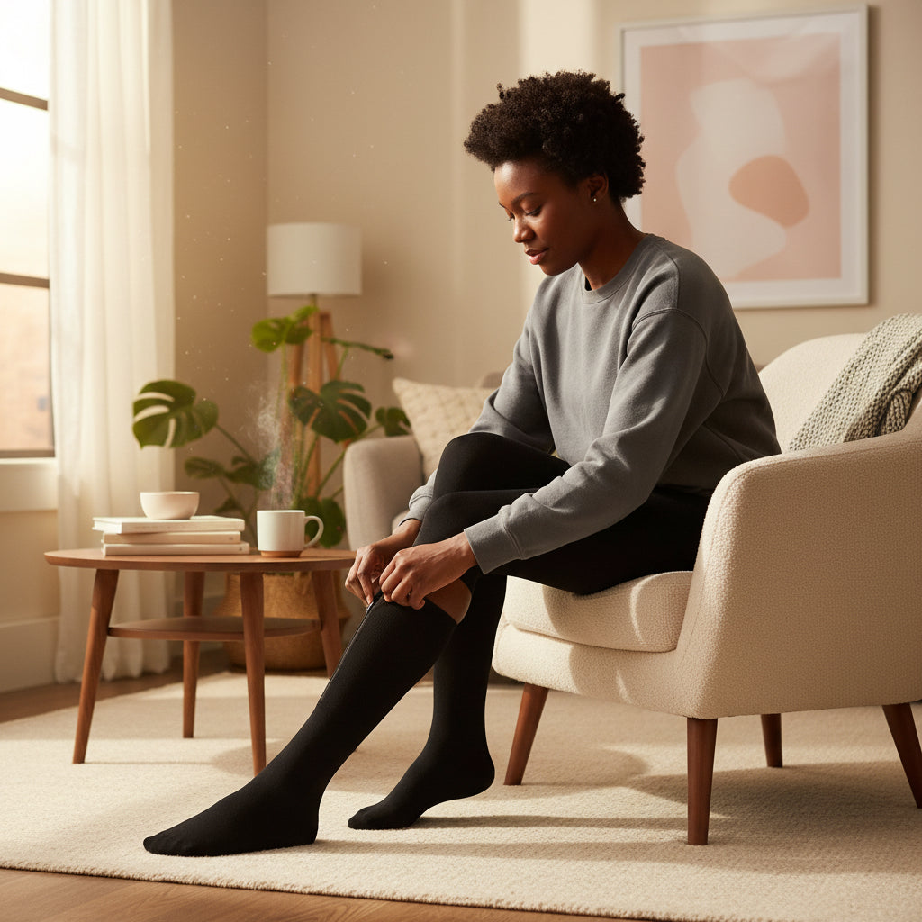 Black female in living room putting on zipper compression socks  on a white background