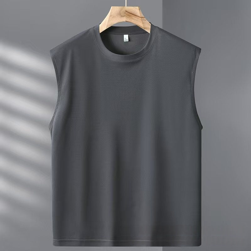 Gray sleeveless shirt on a hanger against a gray background