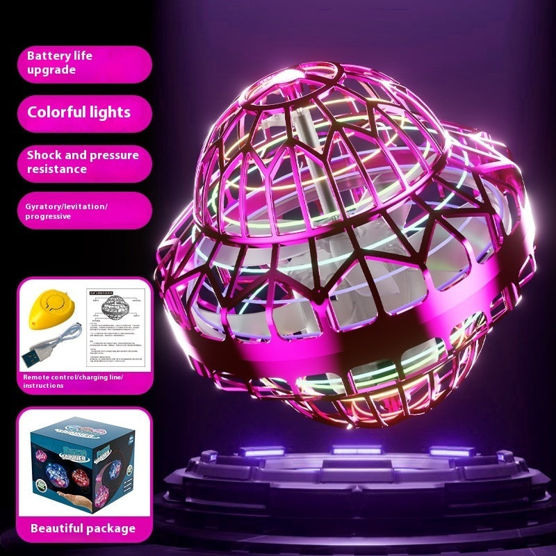 Colorful LED ball with features listed on a dark background