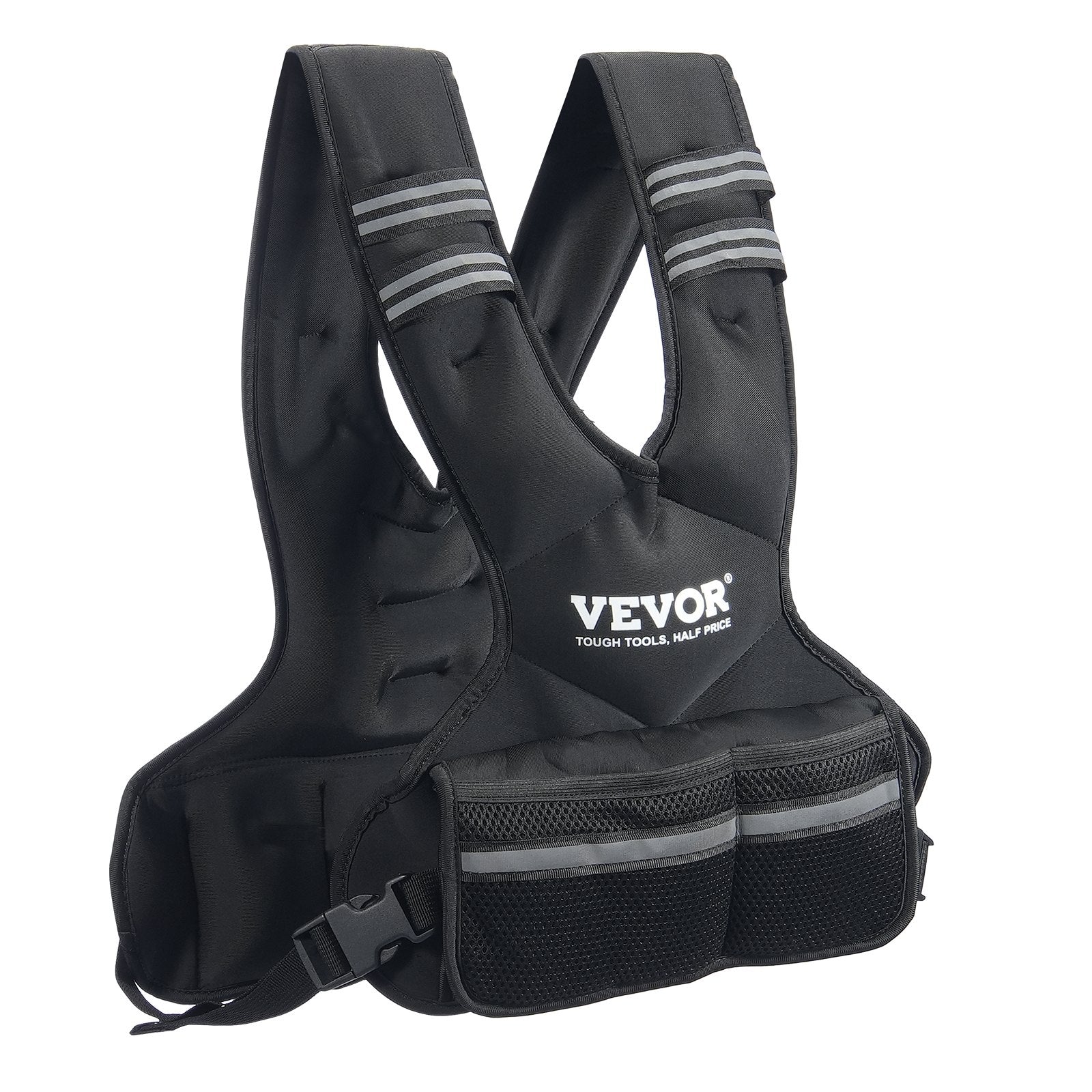 Black weighted vest with Vevor branding on a white background