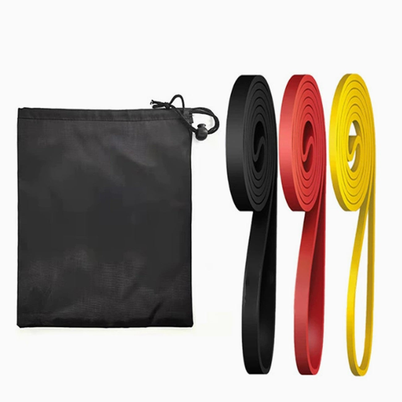 Three resistance bands in black, red, and yellow next to a black drawstring storage pouch on a white background.