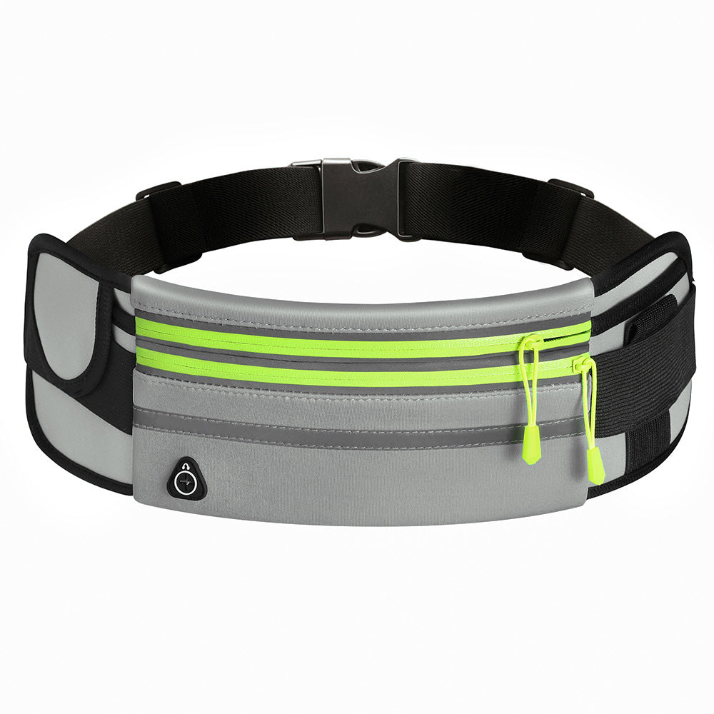 Gray waist bag with black and green accents on a white background