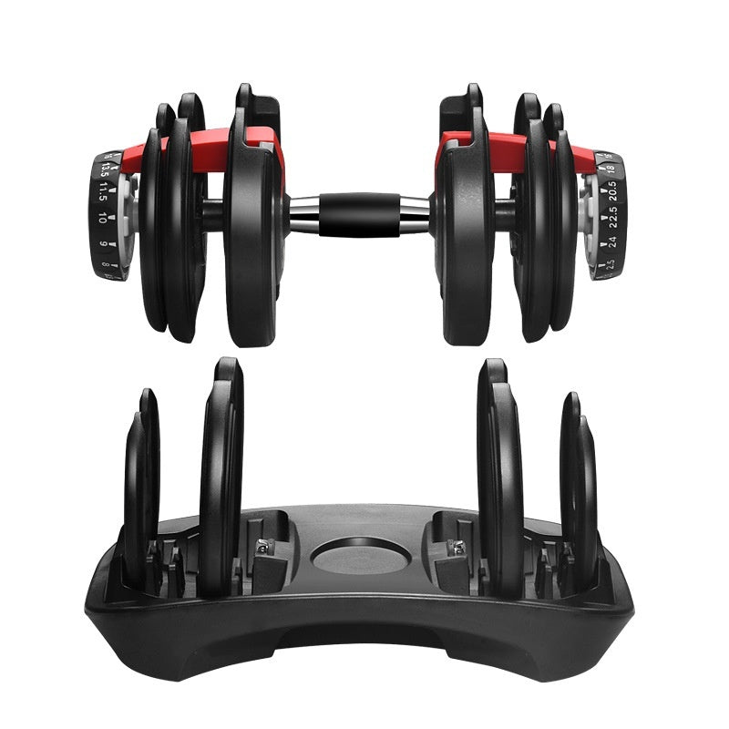 Pair of adjustable dumbbells with a black stand on a white background