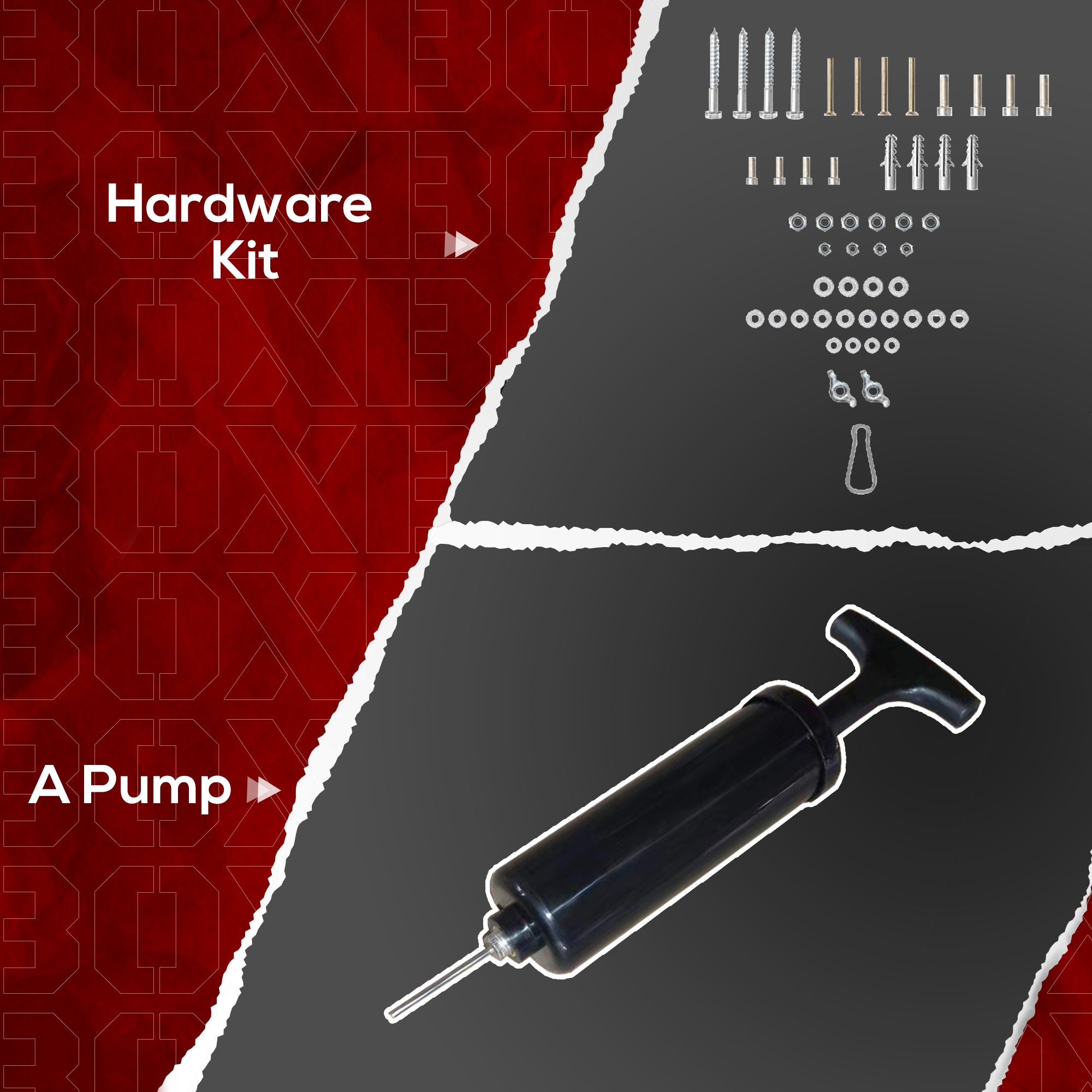 Hardware kit with a pump on a red and gray background