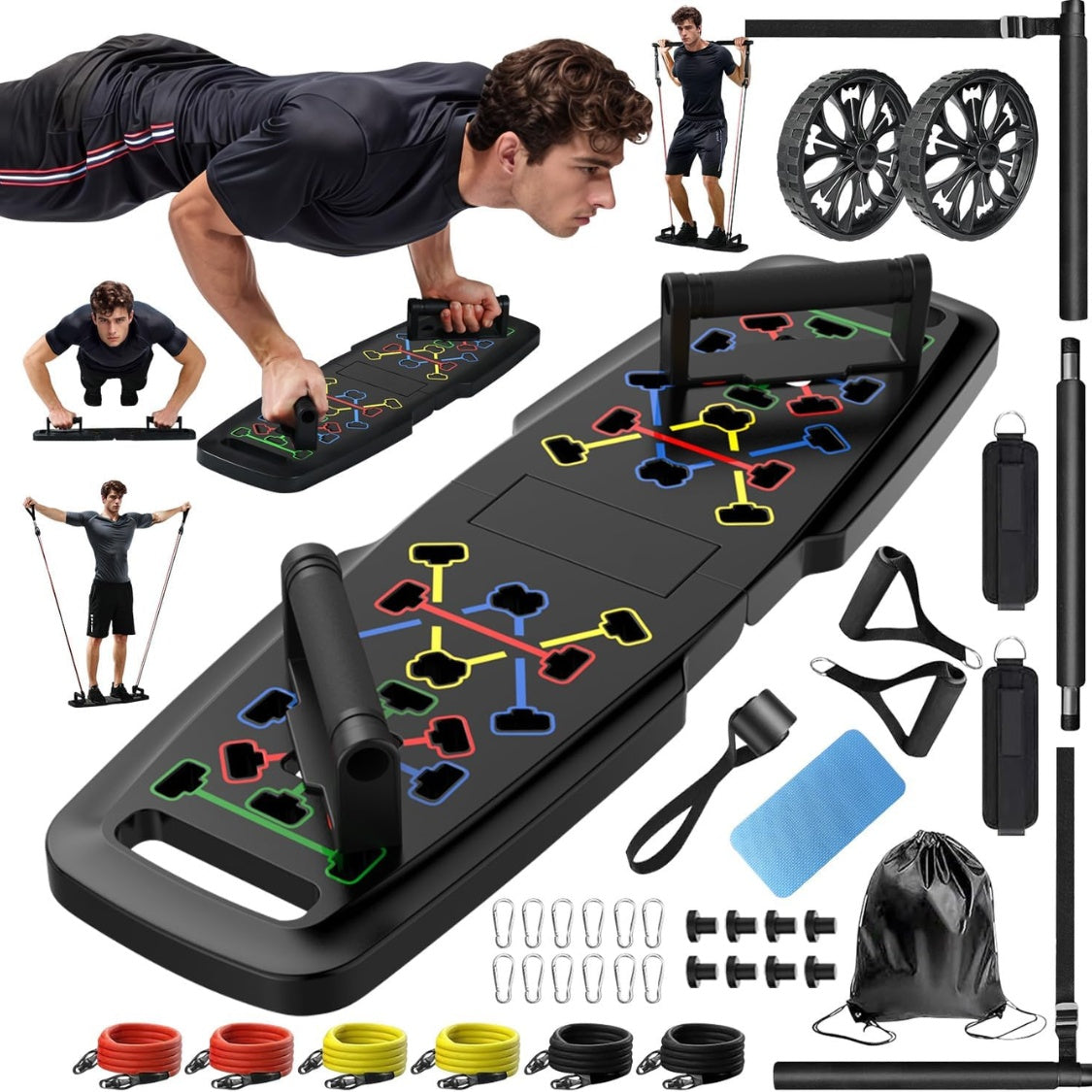 Multifunctional fitness board with various attachments on a white background
