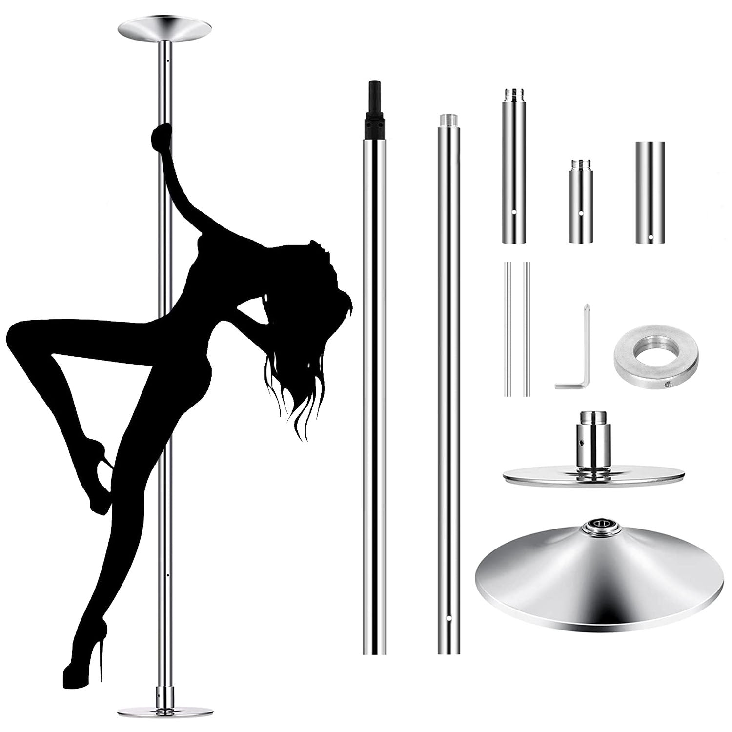 Pole dancing equipment with a silhouette of a dancer on a white background