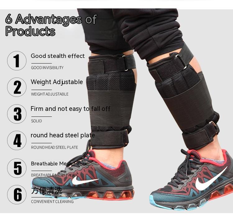Person wearing black leg guards with text listing advantages on a gray background