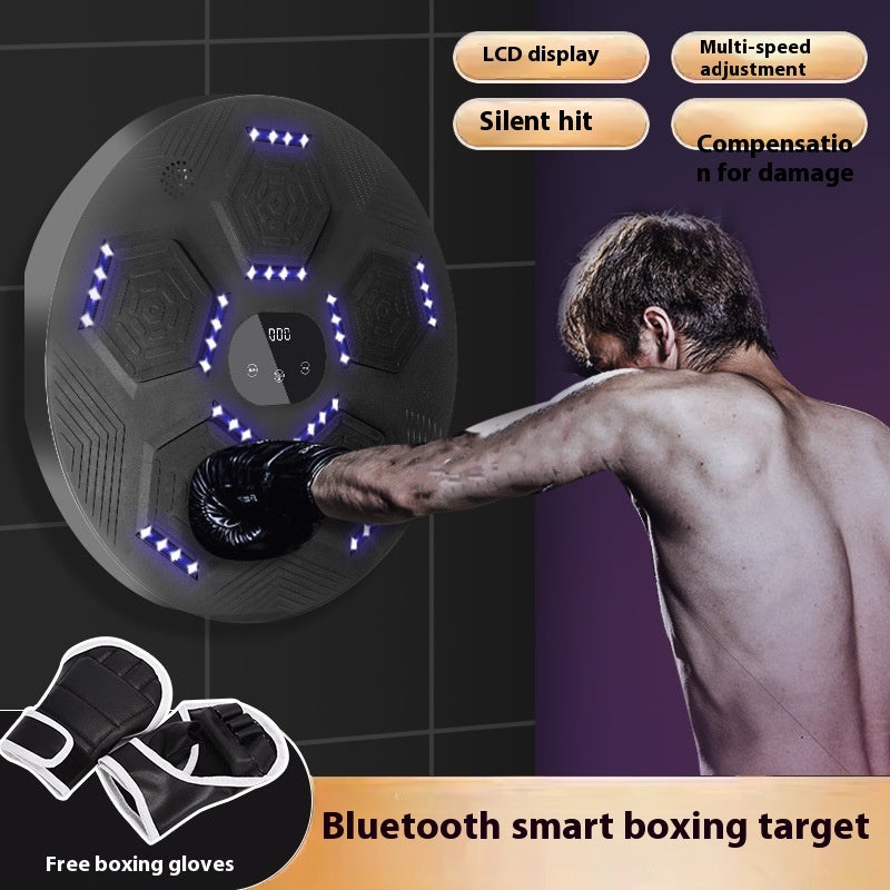 Bluetooth smart boxing target with a person punching it, featuring text on its features.