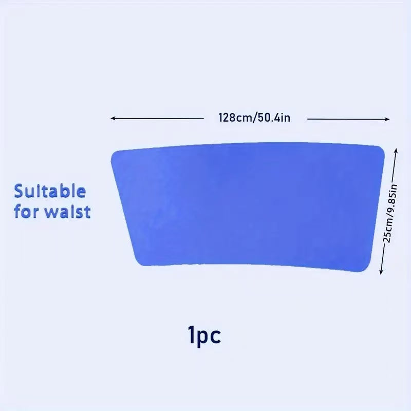 A blue curved waist trim or belt buckle insert shown on a light background with dimension arrows and text indicating 128cm/50.4in in width and 25cm/9.