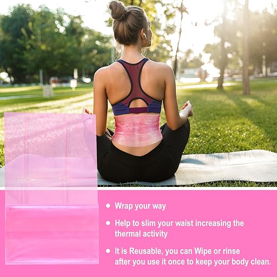 A woman sits on a yoga mat in a park wearing a pink waist-trimming athletic wrap around her torso. The image includes a product inset showing the pink translucent wrap material and text describing its use for slimming and reusability.
