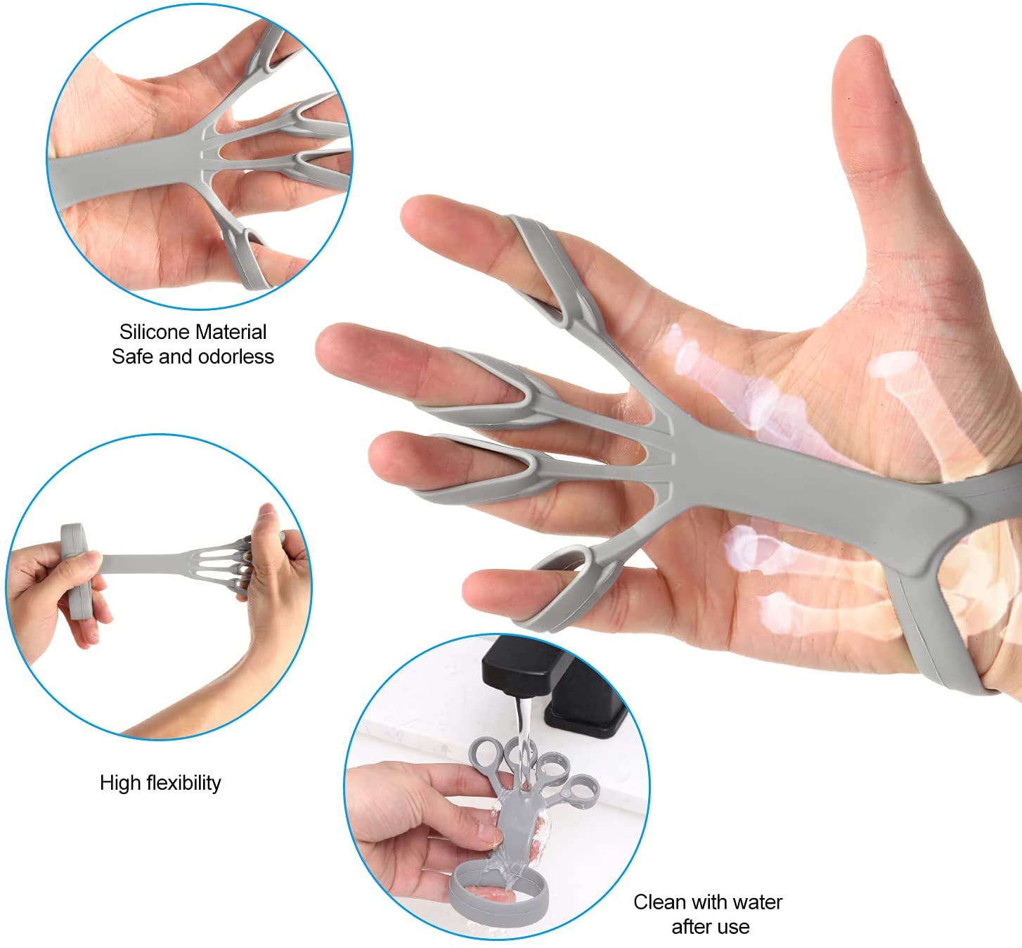 Handheld tool with silicone material, high flexibility, and cleaning instructions on a white background.