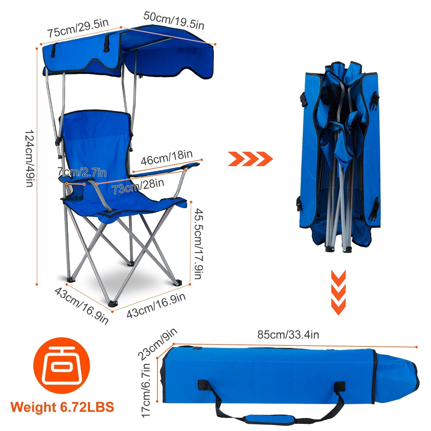 Blue camping chair with canopy and carrying bag, showing dimensions and weight.