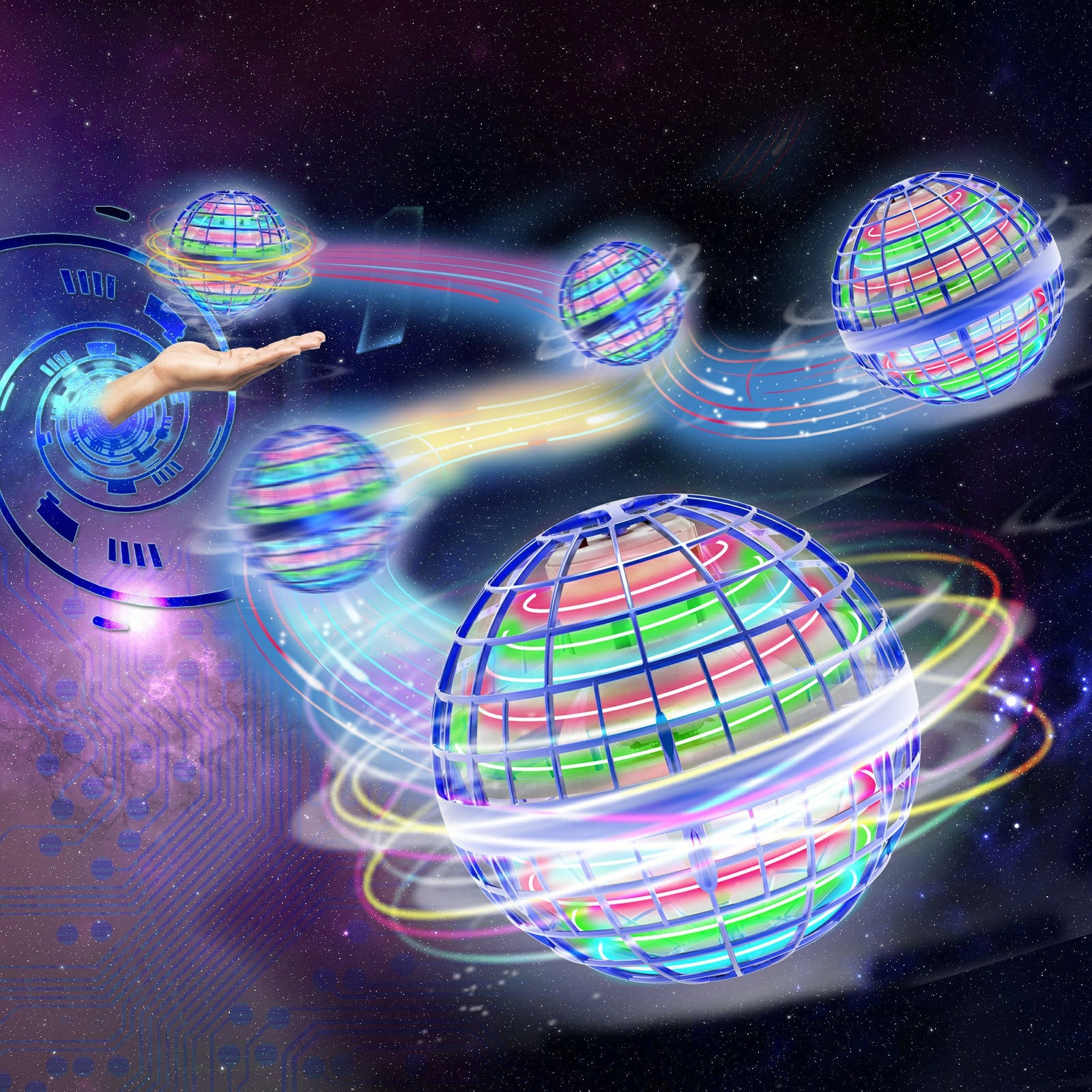 Colorful glowing spheres with a futuristic design on a dark background