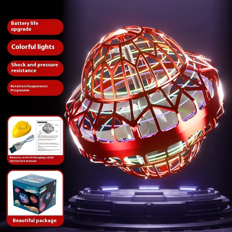 Colorful light-up ball with features listed on a dark background