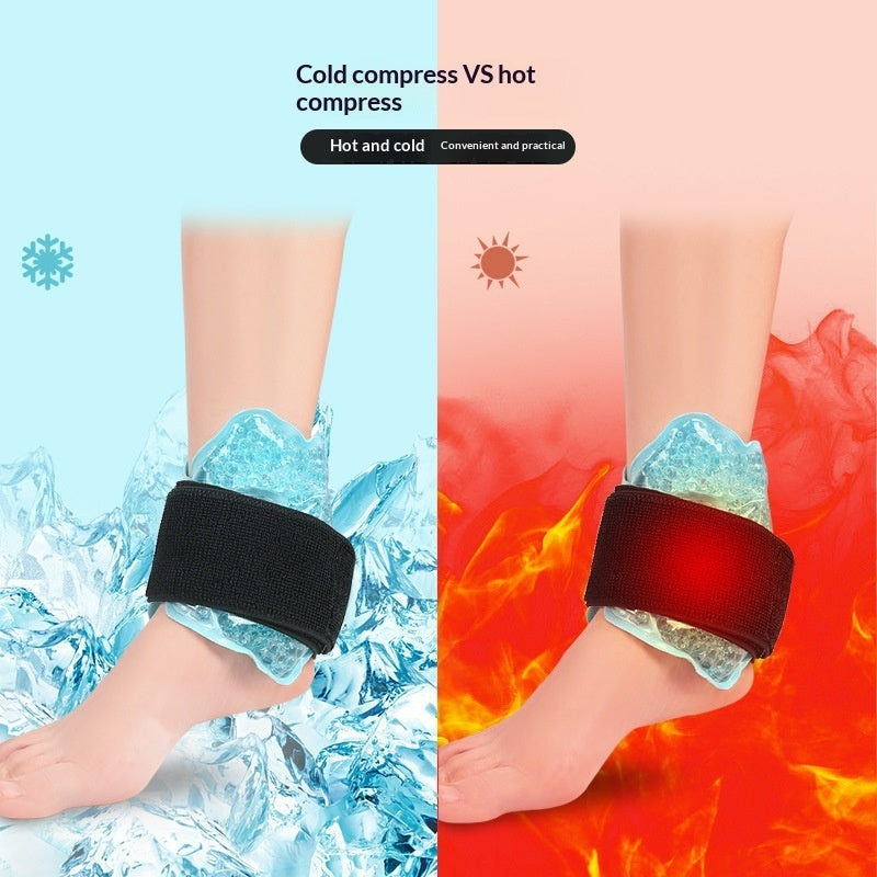 A split comparison graphic showing an ankle cold compress on a foot, with ice around it on the left and a red heat symbol over flames on the right. Text at the top reads 'Cold compress VS hot compress' and 'Hot and cold'.