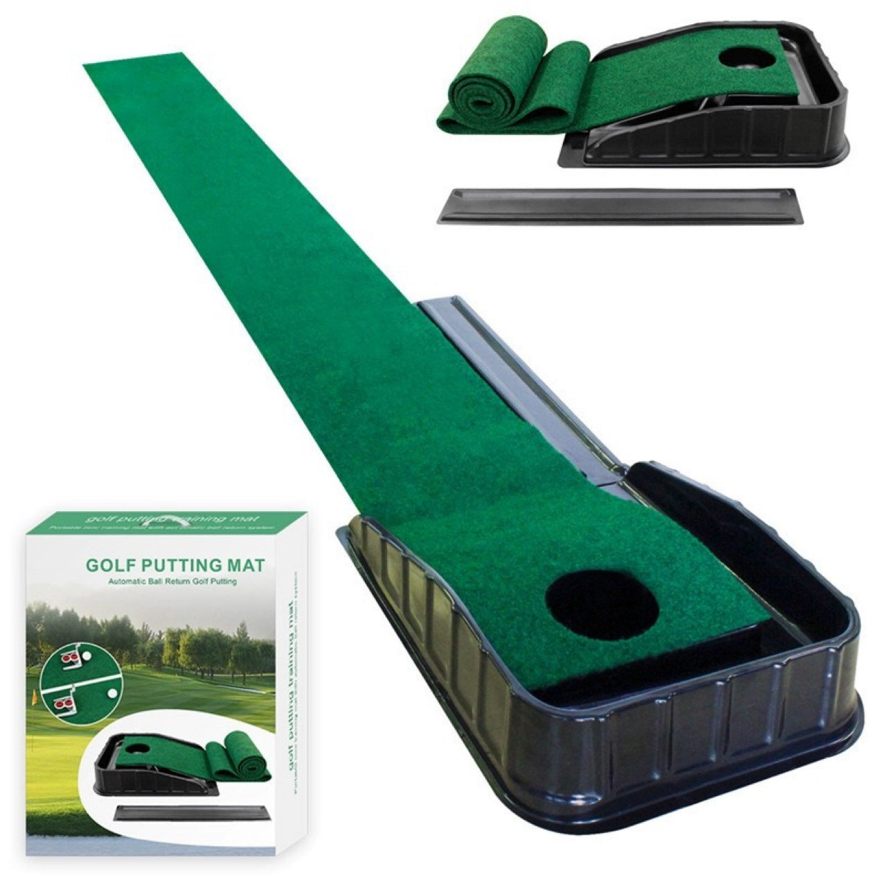 Golf putting mat with packaging on a white background