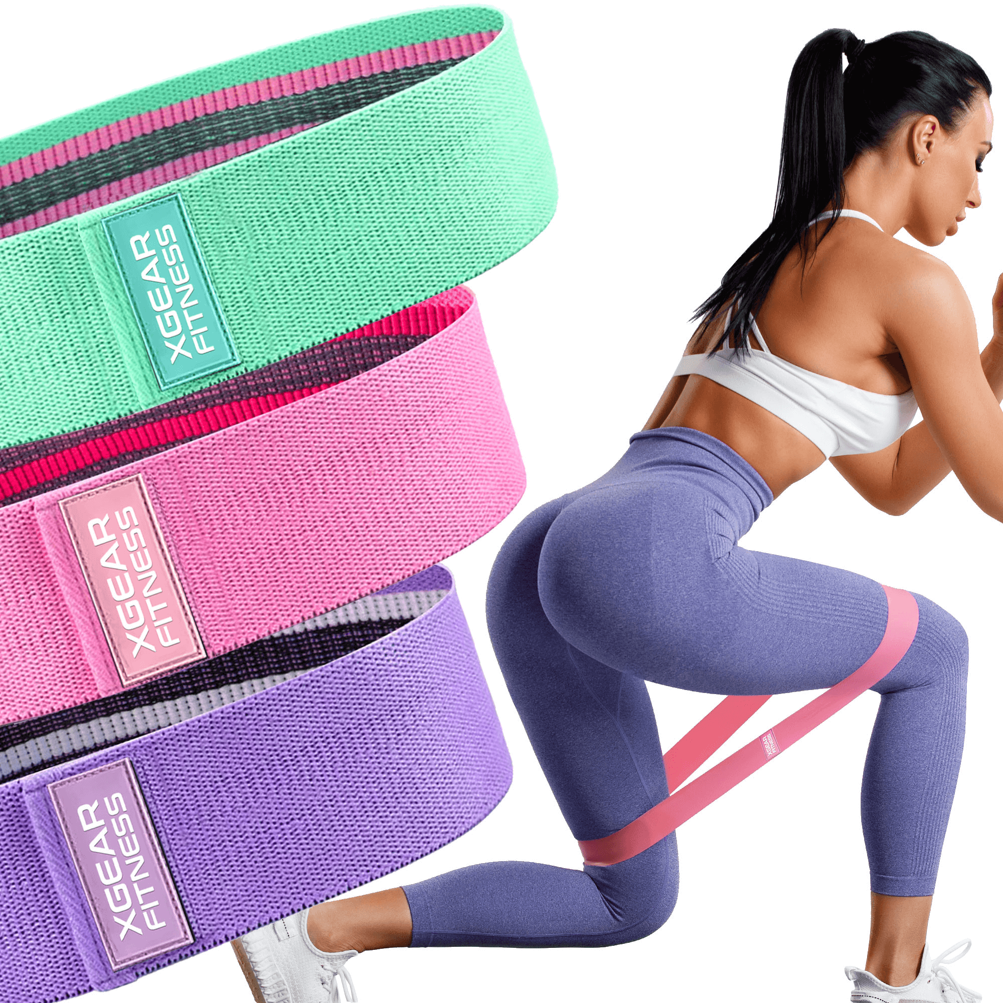 Resistance bands in green, pink, and purple with a woman exercising in the background.