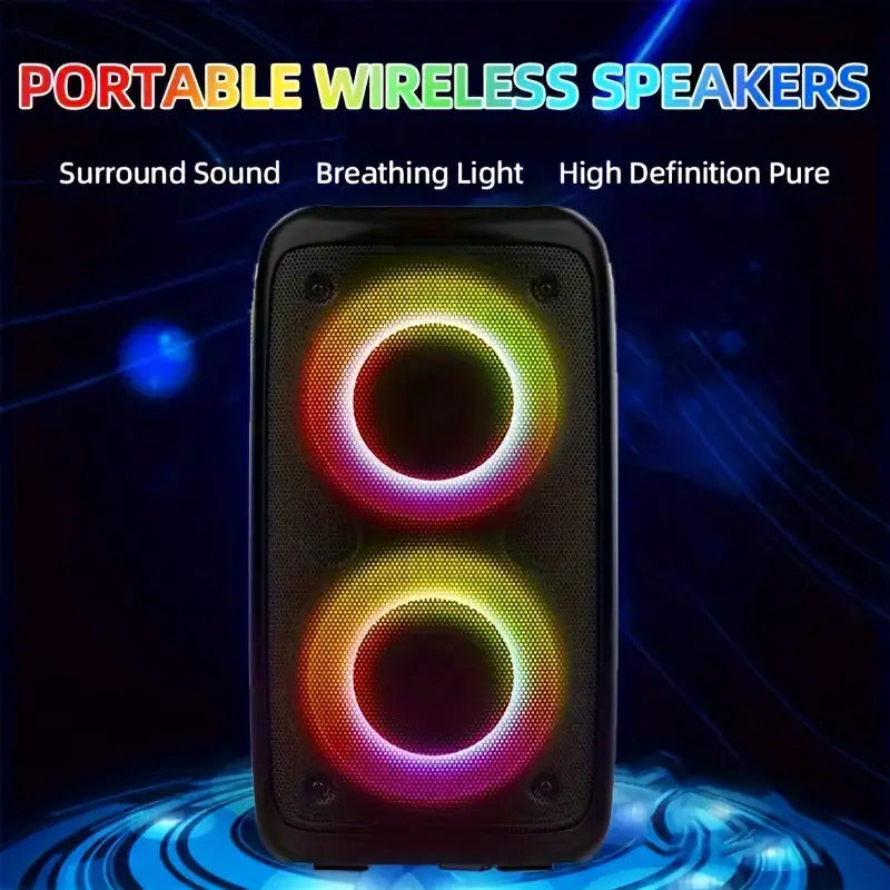 Portable wireless speaker with RGB lighting on a dark background