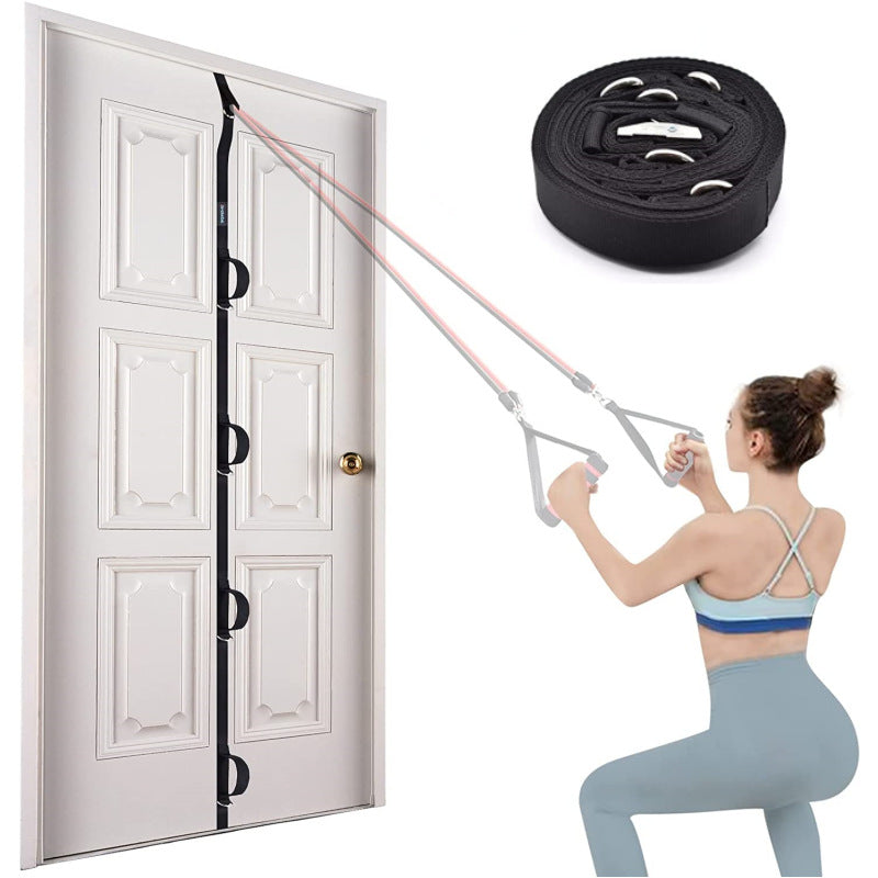 Woman using resistance bands attached to a door with a roll of bands on a white background