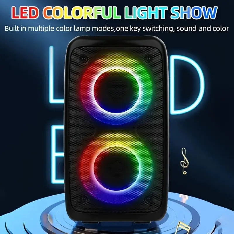 Black speaker with LED colorful light show on a dark background