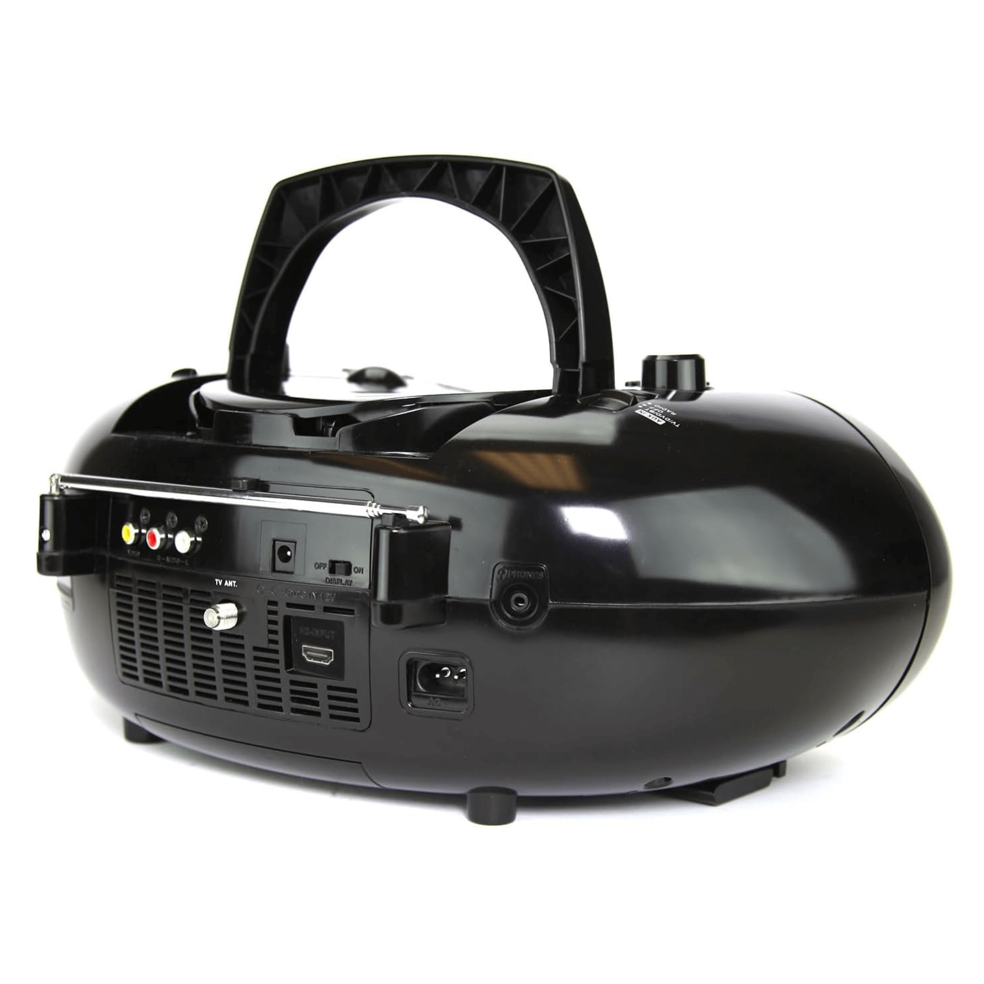 Black portable radio with handle on a white background