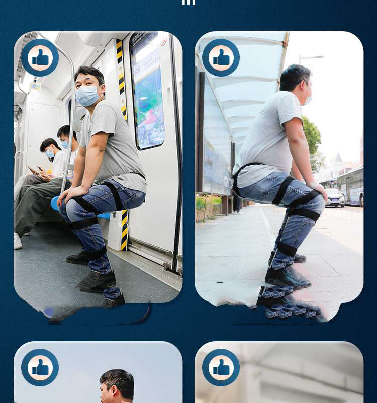 Person using a back support device on a train and outside.
